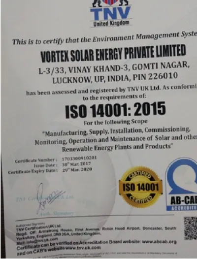 Vortex Solar certificate